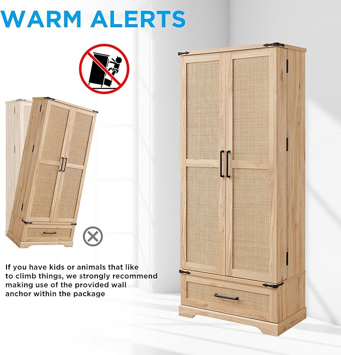 72" Tall Rattan Kitchen Pantry Cabinet with Drawer, Boho Storage Cabinet with 2 Rattan Doors and Shelves, Versatile Large Cabinet for Dining Room, Bathroom, Living Room, Laudry, Natural Oak-Ruum Studio Home