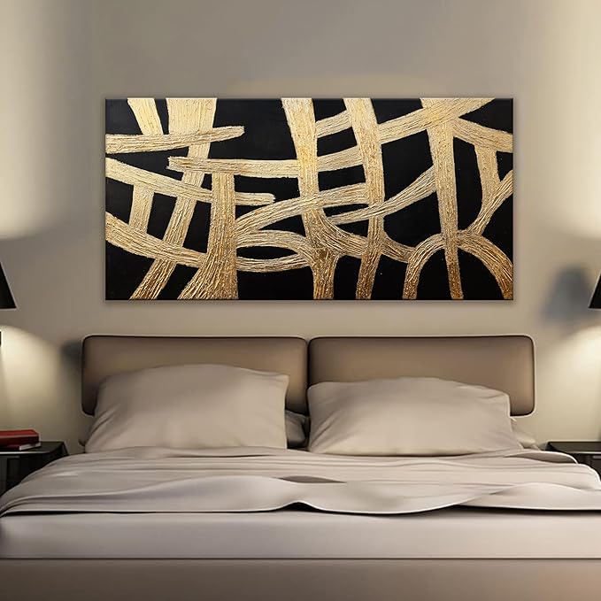 Abstract Wall Art Paintings Canvas Wall Art Decor Black And Gold Lines Artwork for Walls Texture Wall Decorations Modern Minimalist Wall Art Living Room Decor For Room Bedroom Office Wall Decor 24"X48"-Ruum Studio Home