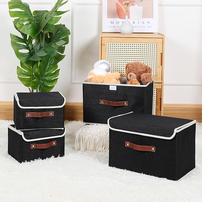 ANMINY 4PCS Storage Bins with Lid PU Leather Handles Storage Boxes PP Plastic Board Decorative Foldable Lidded Cotton Linen Fabric Home Cubes Baskets Closet Organizer Containers - Black, Large Size-Ruum Studio Home