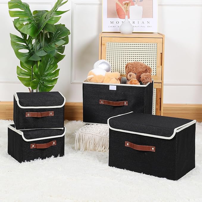 ANMINY 2PCS Storage Bins with Lid PU Leather Handles Storage Boxes PP Plastic Board Decorative Foldable Lidded Cotton Linen Fabric Home Cubes Baskets Closet Organizer Containers - Black, Small Size-Ruum Studio Home