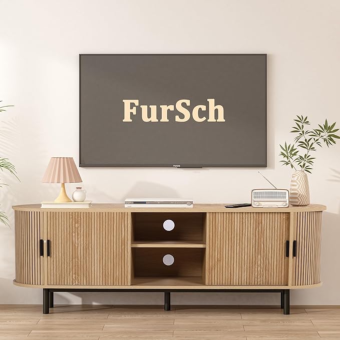 62" Tambour Door TV Stand,Wood Mid Century Modern TV Cabinet for Up to 75“ TV,Curved Edge Long TV Stand with Storage for Bedroom Living Room (Natural, 62.2inch)-Ruum Studio Home
