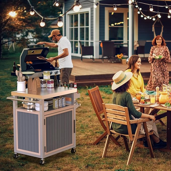 Skyflame Outdoor Grill Cart with Storage on Wheels, Rolling Kitchen Island with Stainless Steel Table Top, Multifunctional BBQ Food Prep Table with Magnetic Single Door for Patio Backyard Garden Deck-Ruum Studio Home