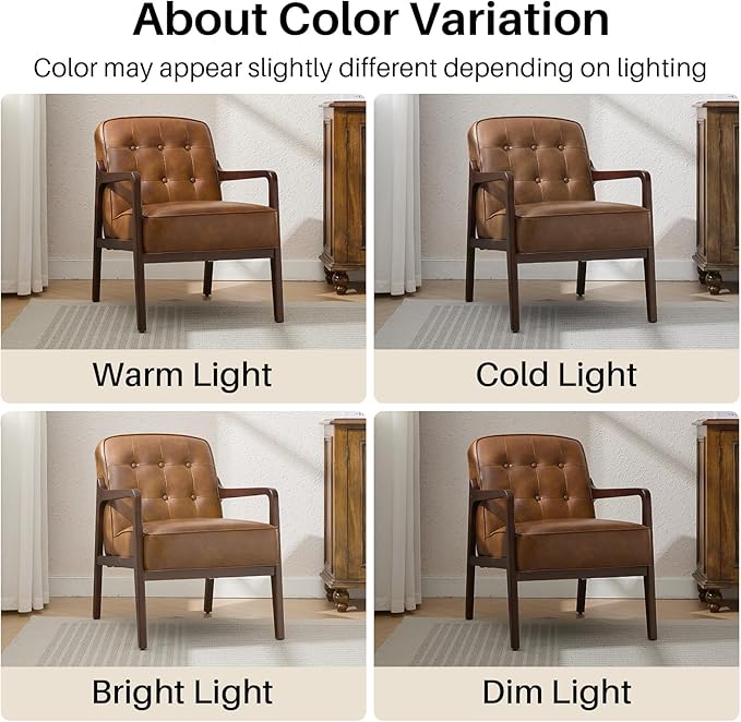 Faux Leather Accent Chair, Mid Century Modern Chair for Living Room, Upholstered Comfy Lounge Armchair with Solid Wood Frame, Reading Side Chair for Bedroom,105°Ergonomic Comfort, Brown-Ruum Studio Home