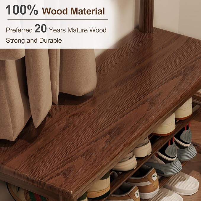 Hall Tree, Coat Rack with Shoe Storage, Wooden Hall Tree with Bench, 11 Hooks and 2-Tier Storage Shelves, Entryway Bench with Coat Rack (31.5" - Deep Walnut)-Ruum Studio Home