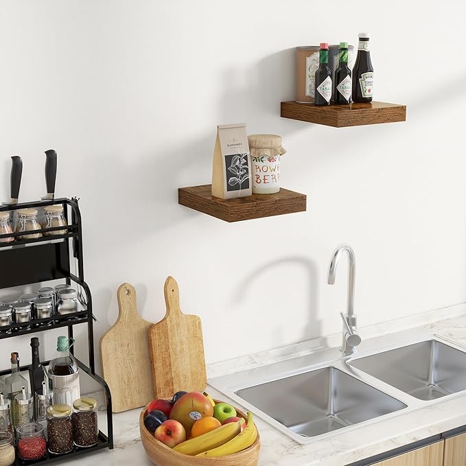 Fun Memories Floating Shelves for Wall - 10" x 10" Wood Shelf with Invisible Bracket - Deep Floating Shelves - 10 Inch Shelf Wall-Mounted for Living Room & Bathroom - Rustic Brown - Set of 2-Ruum Studio Home