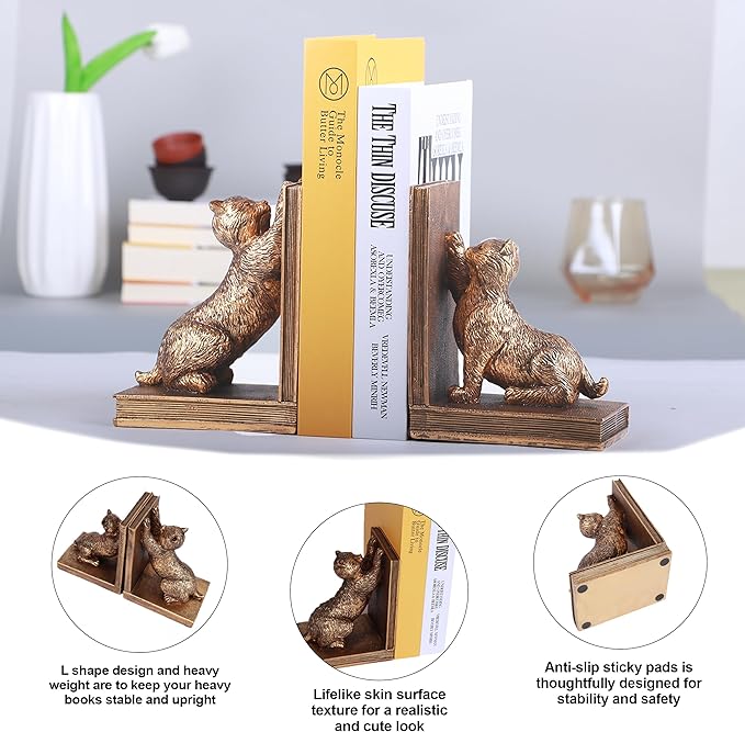 Book Ends for Shelves to Hold Books Heavy Duty,Decorative Bookend for Bookshelf Décor,Cute Animal Cat Book Stopper Cat Statues for Home, Office Desk Decoration,1pair-Ruum Studio Home