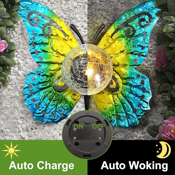 Solar Lights Outdoor Garden Butterfly Decor, Metal Butterfly Statue Decoration with LED Crackle Glass Globe, Solar Powered Lighted Garden Art Decor for Patio Lawn Yard Pathway Tabletop Ground-Ruum Studio Home