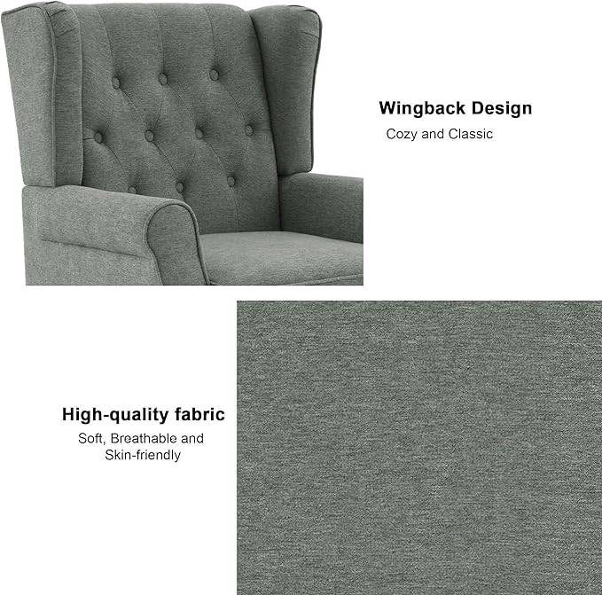 Accent Chair, Upholstered Armchair with Button Tufted High Back & Solid Wood Legs, Comfy Wingback Reading Single Sofa Chair for Small Spaces, Living Room, Bedroom (Grey, Set of 2)-Ruum Studio Home