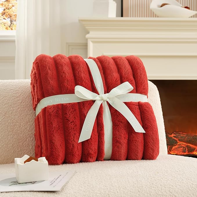 Cozy Bliss Faux Fur Throw Blanket for Couch, Cozy Warm Plush Striped Blanket for Sofa Bedroom Living Room,60 * 80 Inches Cardinal Red-Ruum Studio Home