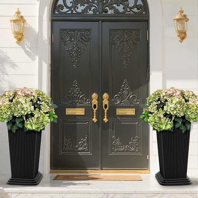 FENCY Set of 2 Tall Planters for Outdoor Plants, 24 Inch Large Tapered Pots with Drainage Trays, Weather-Resistant Plastic Plant Containers for Patio, Porch, Garden, Front Door Decor,Black,Striped-Ruum Studio Home