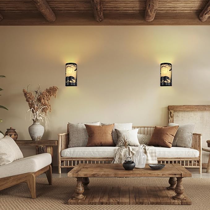 Black Wall Sconces Set of Two,Bear Metal Yellow Parchment Rustic Wall Sconces,Farmhouse Hallway Wall Light Fixtures,Industrial Wall Mount Lamp,Indoor Wall Lamps for Living Room,Bedroom,Porch-Ruum Studio Home