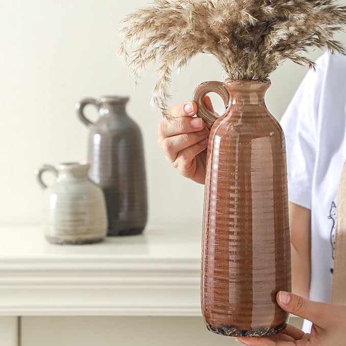 Ceramic Vases Set of 3, Neutral Rustic Farmhouse Vase with Handle, Decorative Flower Vases Home Decor Modern Boho Pampass Vase for Table Mantel Entryway Shelf Living Room Kitchen Bathroom - Brown-Ruum Studio Home