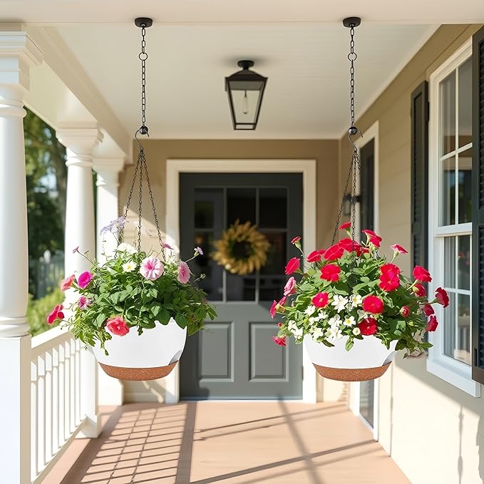 2 Pack 12 Inch Large Hanging Planters with Chains Self Watering White Brown Plastic Hanging Pots for Indoor Outdoor Plants, Garden Porch Home Decor，White Brown-Ruum Studio Home