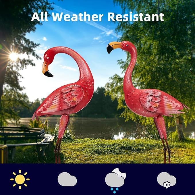 Metal Flamingo Garden Statue, 40" Tall Outdoor Decor Flamingos Yard Art Sculptures and Statues Reinforced Foot, Weatherproof Flamingo Ornaments for Lawn Pool Backyard Decor, Set of 2-Ruum Studio Home