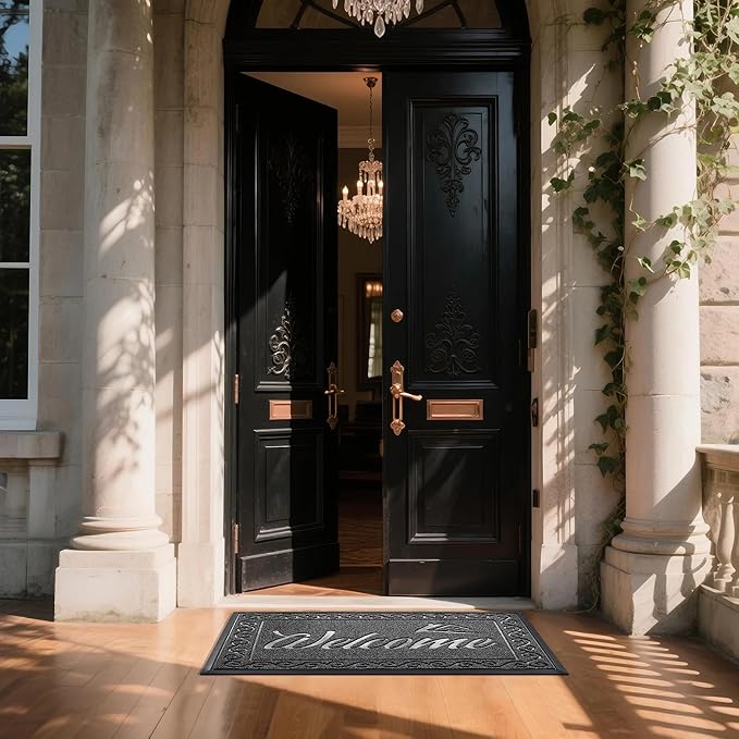 Yimobra Welcome Mat, Heavy Duty Sturdy Door Mats for Home Entrance Outdoor Indoor, Front Doormat for Outside Patio Floor Entry Porch Garage Office, Waterproof, Low Profile, 47 x 24, Black Grey-Ruum Studio Home