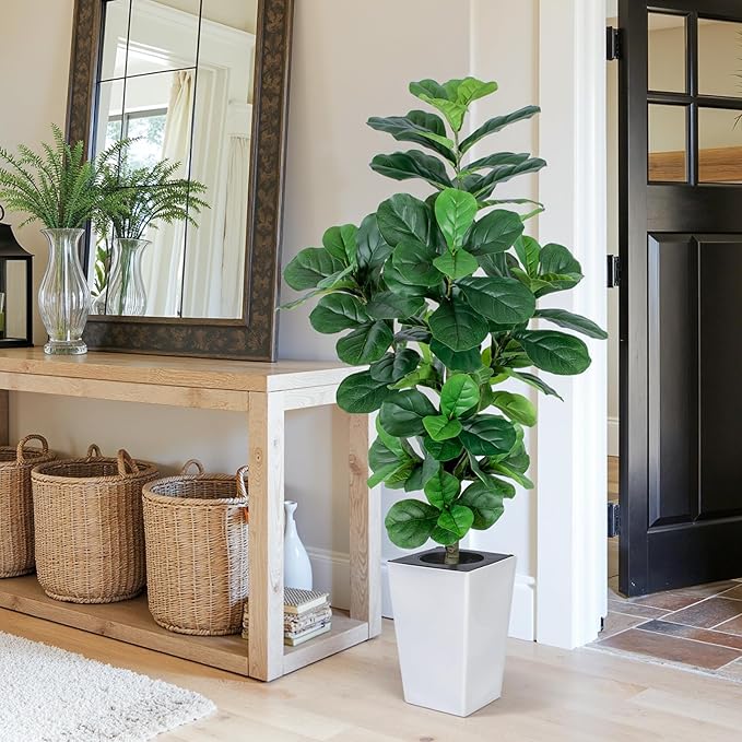 Fiddle Leaf Fig Tree, 5ft Tall Fake Silk Tree in White Planter, Faux Floor Plants with 108 Fiddle Leaves, Artificial Plants for Home Office Decor Indoor-Ruum Studio Home