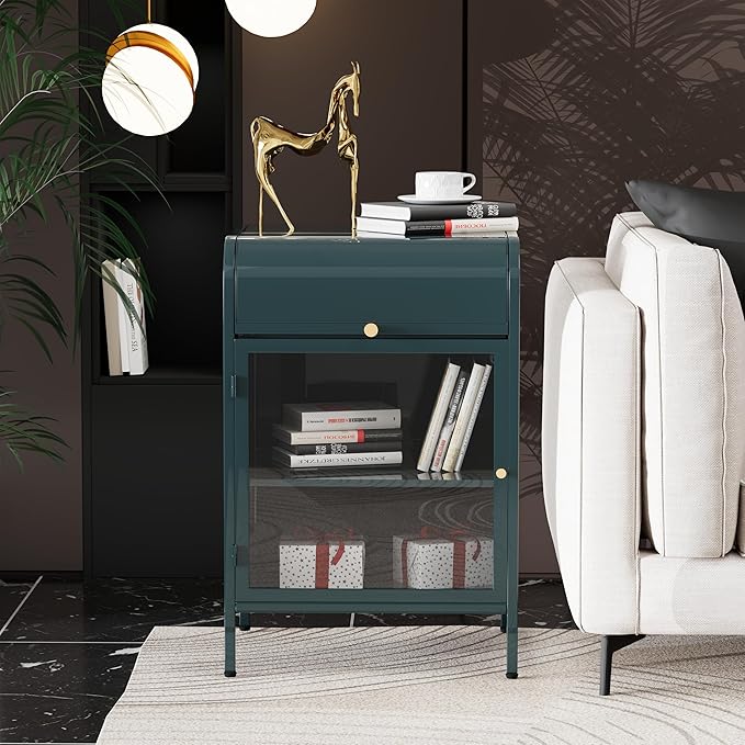 Modern Metal Side Tables Set of 2, End Tables with Glass Door, 2-Tier Nightstands with Storage Shelves, Accent Table, Slim Sofa Table for Living Room, Bedroom (Green)-Ruum Studio Home