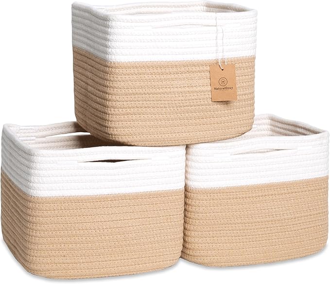 NaturalCozy Storage Cubes 9”x9”x7”Cotton Rope Woven Baskets for Organizing 3-Pack | 9 Inch Cube Storage Bin | Small Basket for Shelf Nursery, Pantry, Decorative Plant, Bathroom Closet, Toy Gift-Ruum Studio Home