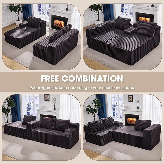 Hobestluk 96“ Modular Sectional Sofa Couches L-Shape Couch 3 Seat Modular Sofa Memory Foam Sectional Couches for Living Room, Cloud Couch with Oversized Chaise (Grey, Stripe (Left Facing Chaise))-Ruum Studio Home