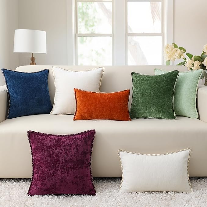 decorUhome Fall Chenille Soft Throw Pillow Covers 24x24 Set of 2, Farmhouse Velvet Neutral Decorative Euro Pillow Covers with Stitched Edge for Couch Sofa Bed Home Decor, Rust-Ruum Studio Home