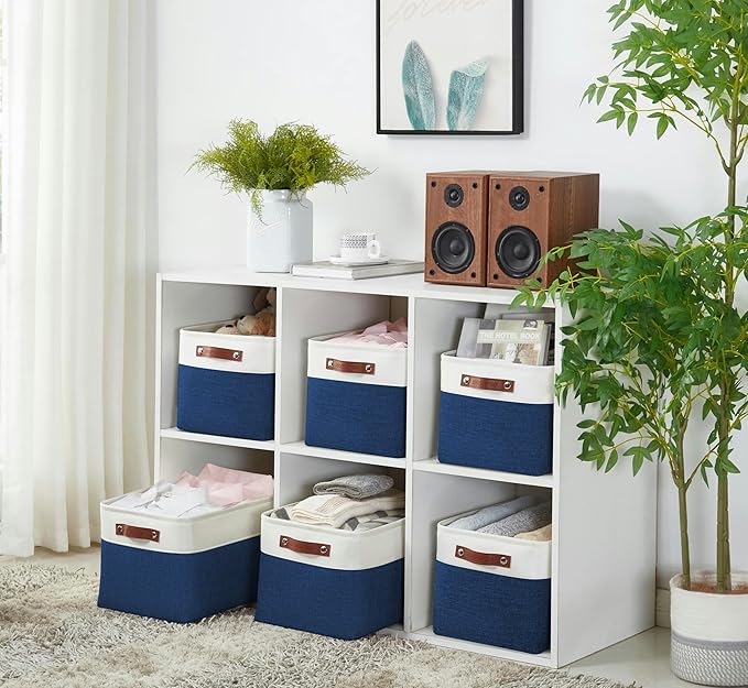 DECOMOMO Storage Bins Fabric Storage Baskets for Shelves, Linen Closet Organization Toys Nursery (Navy Blue and White, Large - 3 Pack)-Ruum Studio Home
