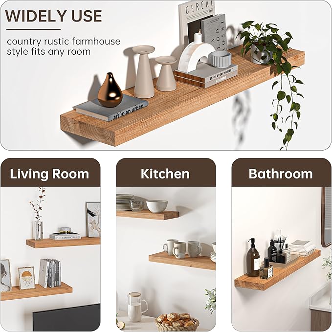 Floating Shelves for Wall, USA-Sourced Fir Wood 48 Inch Wall Shelves Set of 1, Natural Rustic Solid Wooden Floating Shelves Wall Mounted, Nursery Book Storage Shelf, Display Shelf for Bathroom-Ruum Studio Home
