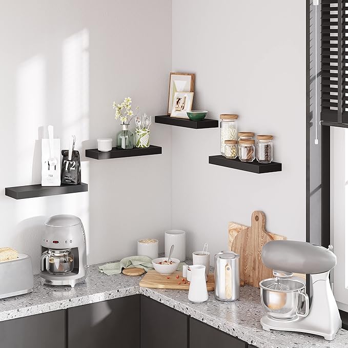BAMEOS Floating Shelves, Black Wall Mounted Wooden Shelves with Invisible Brackets Set of 2, Hanging Wall Shelves Decoration for Bedroom, Bathroom, Living Room and Kitchen-Ruum Studio Home