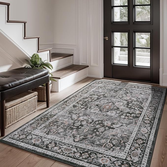 AMOAMI-3X5 Area Rug-Soft Washable Rugs for Living Room Bedroom -Non Slip Entryway Rug-Indoor Vintage Throw Rug Accent Rug for Living Room Laundry Room Kitchen Bathroom Bedside Dark Grey & Black-Ruum Studio Home