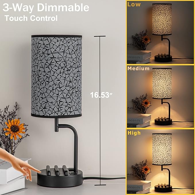 Dreamholder Touch Control USB Table Lamp, Upgraded 3-Way Dimmable Nightstand Desk Lamp with USB C & A Charging Ports and AC Outlet, Bedside Lamp for Bedroom Dimmable 9W LED Bulb Included-Ruum Studio Home
