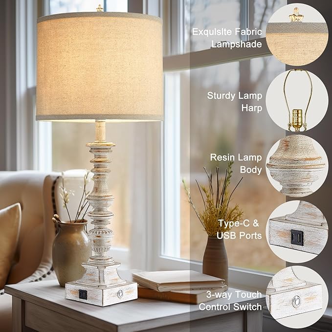 Farmhouse Table Lamps for Bedroom Set of 2 Vintage 3-Way Dimmable Touch Control Nightstand Lamps, Bedside Lamps for Living Room, Traditional Nightstand Lamp End Table lamps 28.5" (Bulbs Included)-Ruum Studio Home