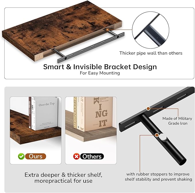 Fun Memories Floating Shelves - 2 Pack 12 Inch Deep Rustic Wooden Wall Shelves - Extra Deeper & Thicker Wall Mounted Storage Shelf for Living Room, Kitchen, Farmhouse - 24" W x 12" D x 1.5" H - Brown-Ruum Studio Home