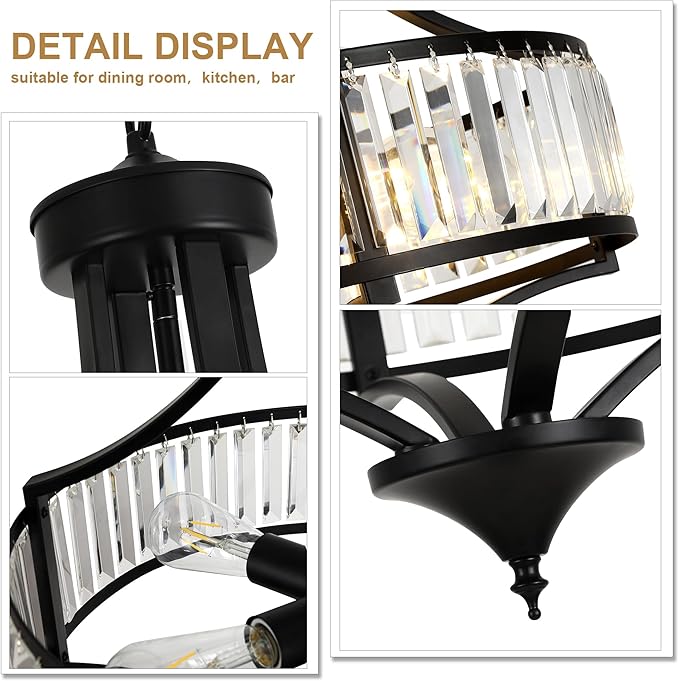 20" Modern Farmhouse Crystal Chandeliers for Dining Room, 5-Light Black Antique Pendant Chandelier, Contemporary Hanging Light Fixture for Living Room Bedroom Foyer Kitchen Island Entryway-Ruum Studio Home