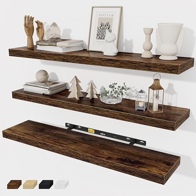 Fun Memories 32 Inch Floating Shelves Wall Shelf Set of 3, Rustic Farmhouse Home Decor Kitchen Living Room Shelves Wall Mounted, 32 x 6.7 x 1.4 Inch, Rustic Brown-Ruum Studio Home