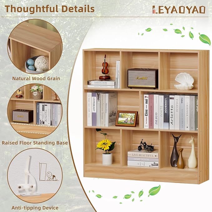 LEYAOYAO 8 Cube Bookshelf with Wood Base,Natural 3 Tier Mid-Century Modern Bookcase,Standing Wide Bookshelves Storage Organizer Shelf,Rustic Display Cabinet Book Shelves for Bedroom,Living Room-Ruum Studio Home