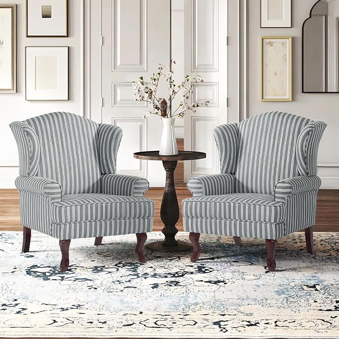 Accent Chair, High Back Upholstered Armchair with High Resilience Sponge & Wood Legs, Mid-Century Modern Comfy Single Sofa Reading Chairs for Living Room, Bedroom (Stripe Grey, Set of 2)-Ruum Studio Home