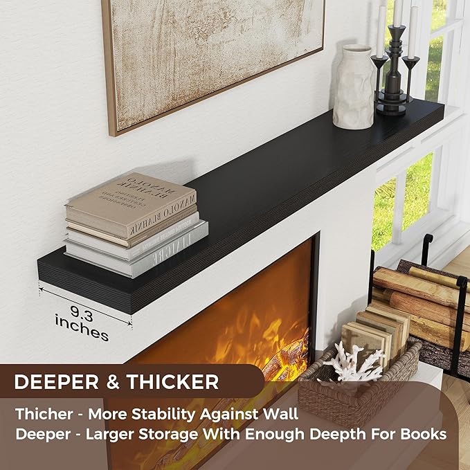 Floating Shelves for Wall, Large Wall Mounted Shelves with Invisible Brackets, Long Wood Floating Shelf for Living Room, Bedroom, Kitchen, (Black, 72" W x 9" D x 1.5" H)-Ruum Studio Home