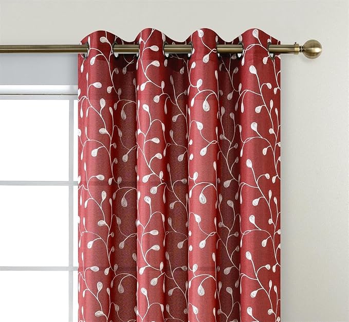 MIUCO Floral Embroidered Semi Sheer Curtains Faux Linen Grommet Curtains for Living Room 52 x 63 Inch 2 Panels, Burgundy-Ruum Studio Home