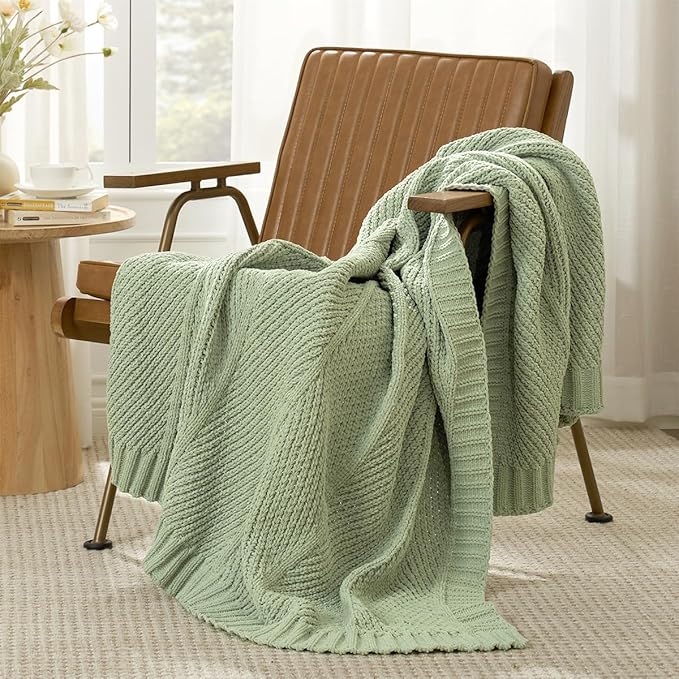 Amélie Home Chenille Knit Throw Blanket for Couch, Chevron Texture Decorative Soft Blanket for Sofa, Bed & Chair, 50"x60", Sage Green-Ruum Studio Home