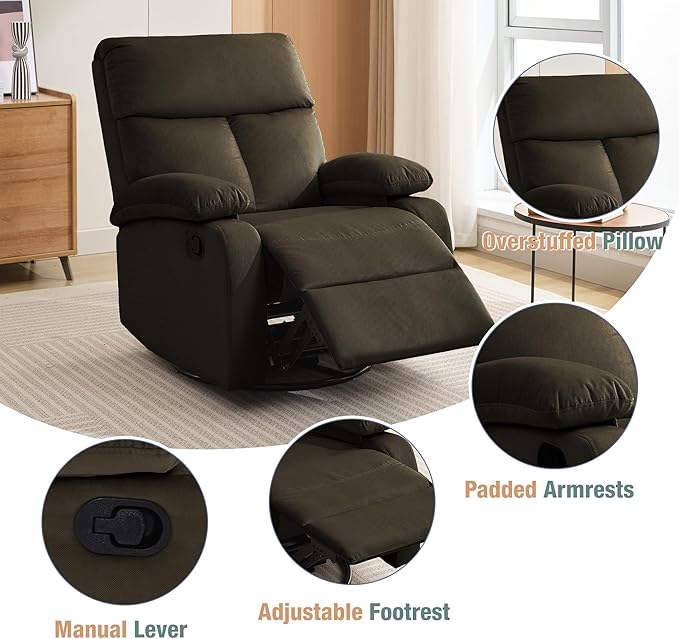 Swivel Rocker Recliner for Adults, Small Recliner Chair for Small Spaces, Rocking Recliner Chair for Nursery. Living Room, RV, Bedroom, Dark Brown-Ruum Studio Home