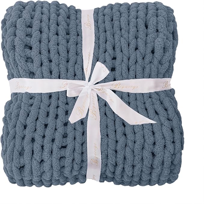 Bigacogo Chunky Knit Throw Blanket for Couch, 40x60 inches, 100% Hand Knitted with Thick Jumbo Chenille Yarn, Cozy Soft Large Rope Knot Cable Crochet Blankets for Sofa Bed Living Room, Cold Sea Blue-Ruum Studio Home