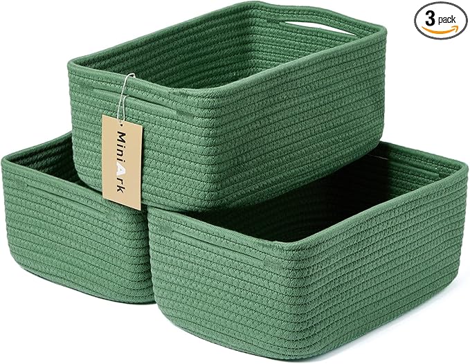 Small Storage Baskets for Organizing | Closet Organizer Bins | Shelf Toy Basket | Woven Rope Baskets | Cube Decorative Box | Shallow Basket | 13x8.5x5.1” | 3 Packs Green-Ruum Studio Home