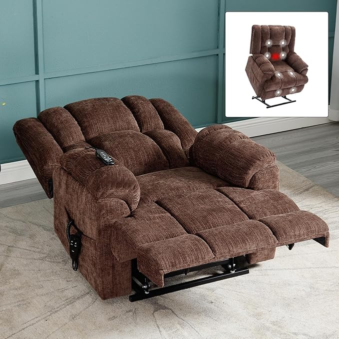 Dual Motor Power Lift Recliner Chair with Massage and Heat for Elderly People, Infinite Position, Brown Recliner Chair, Chenille Fabric Lift Chair-Ruum Studio Home