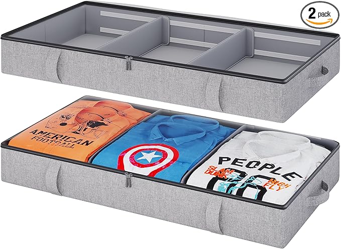 Vailando Under Bed Storage, 2 Pack Under Bed Storage Containers with Dividers, Firm Sides, Strong Zipper, 3 Reinforced Handles, 6 Inches Low Profile Underbed Storage Bins for Clothes, Blankets, Grey-Ruum Studio Home