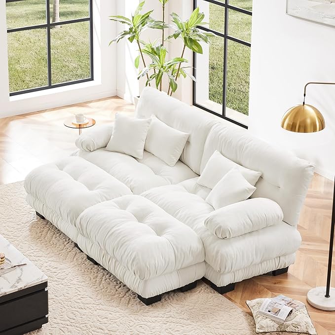 Loveseat Modular Sectional Sofa, U Shaped Couch with Ottoman, Cloud Couch Sectional Couch Home Sofa Living Room Oversized Couch Deep Seat Couch with Round Bolster Armrests 4 Pillows(White)-Ruum Studio Home