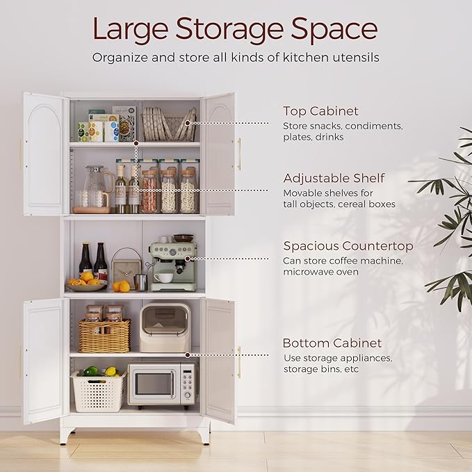 75" Tall Kitchen Pantry Storage Cabinet, Metal Storage Cabinets with 4 Doors and Adjustable Shelves，White Kitchen Hutch Cabinet with Microwave Stand, Large Cupboard for Dining Living Room-Ruum Studio Home