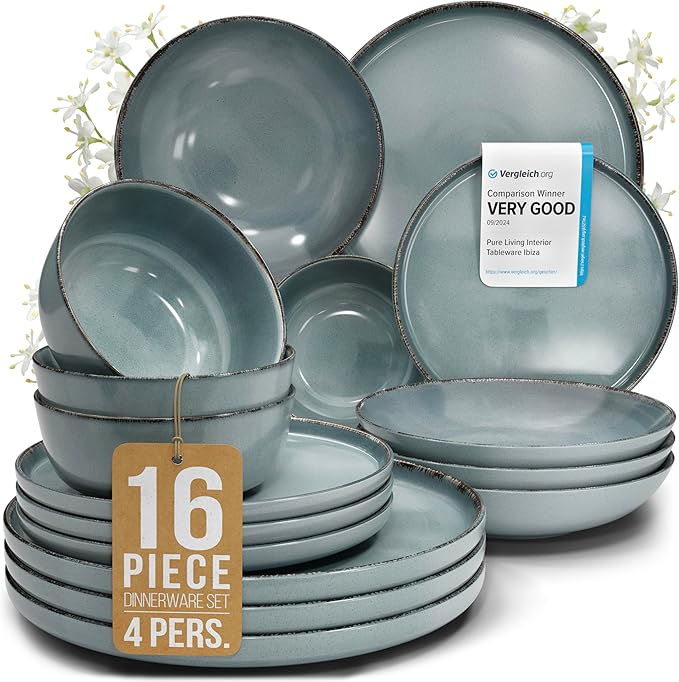 Stoneware dinnerware set 4 persons Rustic 16 pcs - Rustic design dinnerware set, dishwasher safe - Bowl and plate set - Pure Living dinnerware in smoky blue…-Ruum Studio Home