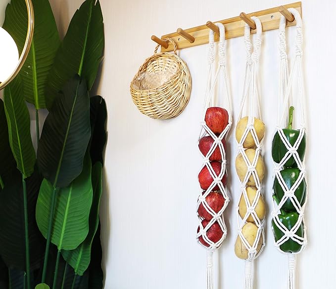 Decocove Hanging Fruit Basket - Boho Basket for Potato, Onion and Fruit Storage - Boho Wall Hanging Decor for Kitchen - Macrame Wall Hanging Basket - Set of 3-Ruum Studio Home