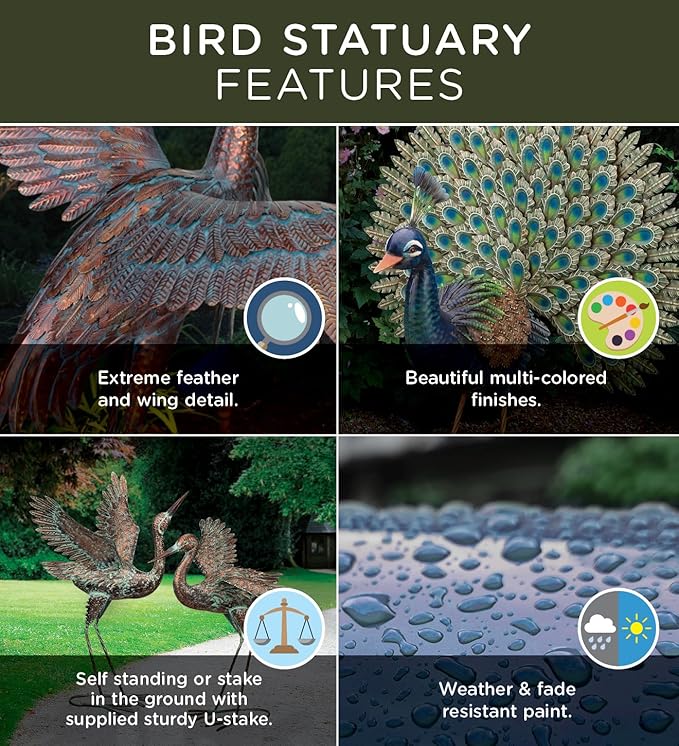 Regal Art & Gift Outdoor Garden Décor, Unique Bird Sculpture, Rustic Metal Bird Statues, Garden Ornaments, Bird Figurine for Lawn, Decorative Sculpture, Crane, Multi, Wings Down, 42" Height-Ruum Studio Home