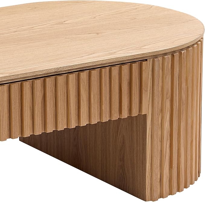 51.18'' Oval Coffee Table for Living Room Fluted Center Table with Drawer, Mid Century Modern Coffee Tables, Easy Assembly for Office Storage Tea Table Oak-Ruum Studio Home