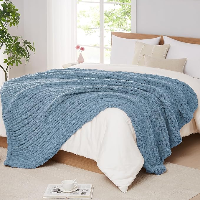L'AGRATY Chunky Knit Blanket Throw: 60''x80'' Chenille Chunky Knitted Throw Blanket for Bed Couch - Handmade Thick Big Cable Knit Blanket - Large Crochet Rope Blanket for Home Decor(Airy Blue)-Ruum Studio Home